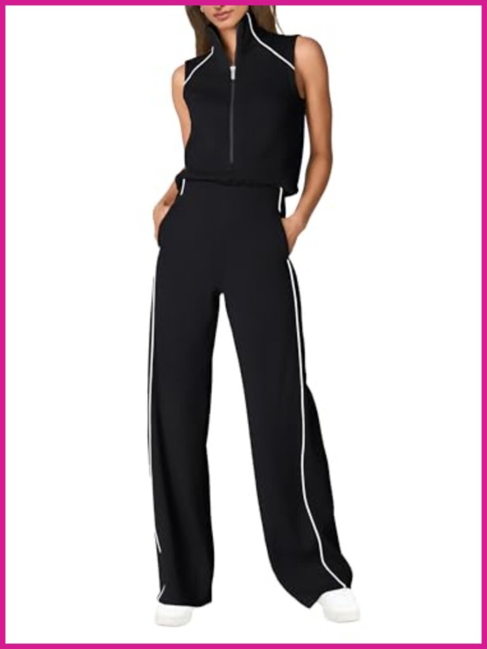 Sleeveless Mock Neck Wide Leg Jumpsuit with Pockets